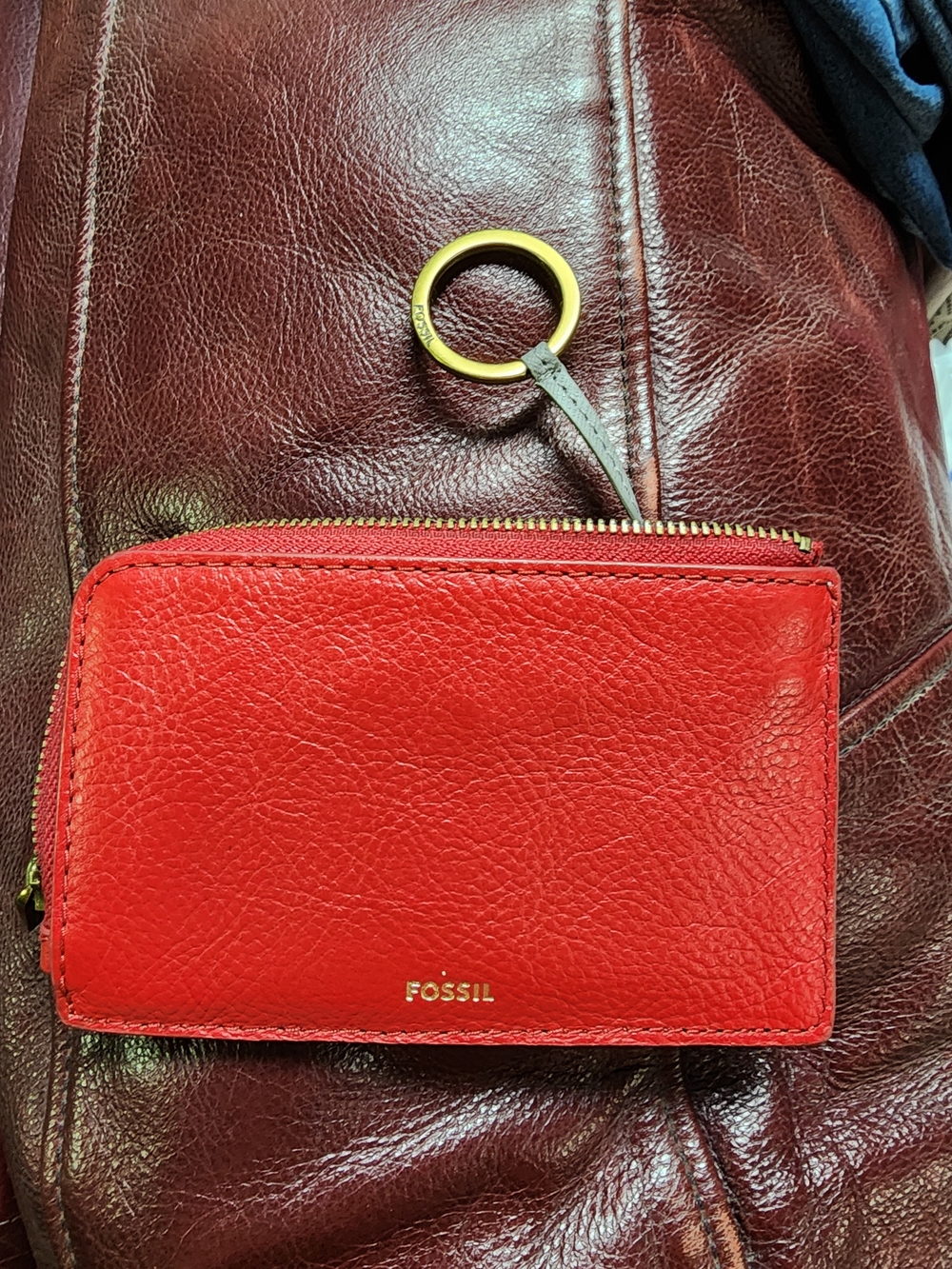 Fossil Bright Red Leather Zip Wallet with Keyring